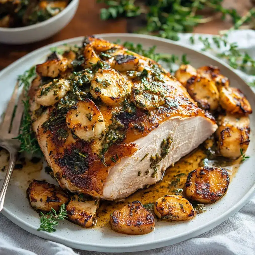 Golden-brown turkey breast with crispy herbs, served alongside roasted potatoes on a white dish.