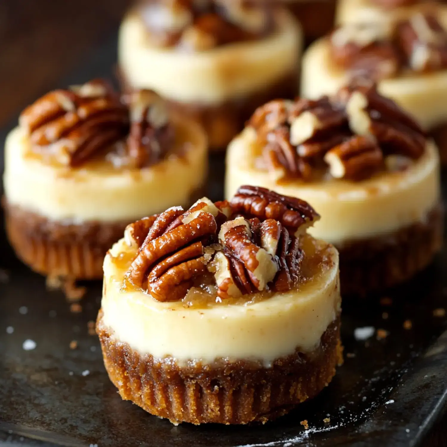 Little cheesecake bites topped with pecans and caramel glaze on a dark plate.
