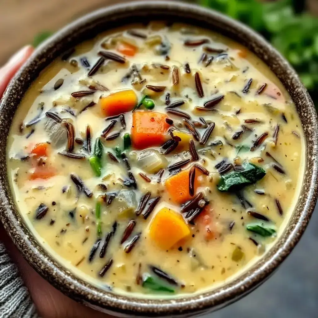 A bowl filled with creamy soup, wild rice, bright vegetables, and fresh herbs up close.