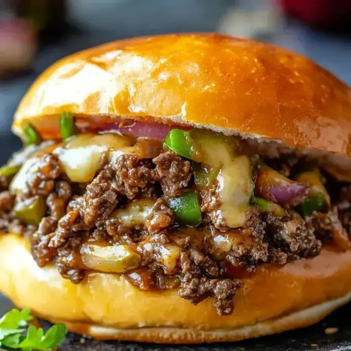 Close-up of cheesy beef sandwich with green peppers, onions, and provolone in a soft shiny bun.