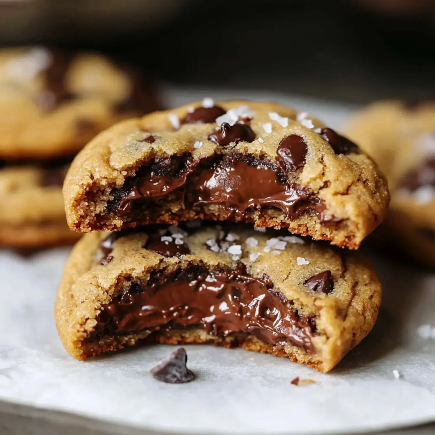 Freshly baked cookies split open to reveal warm, melted Nutella, sprinkled with a touch of sea salt.