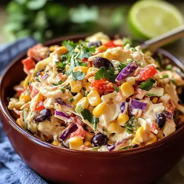 A vibrant bowl of slaw with charred corn, black beans, crisp veggies, and fresh greens.