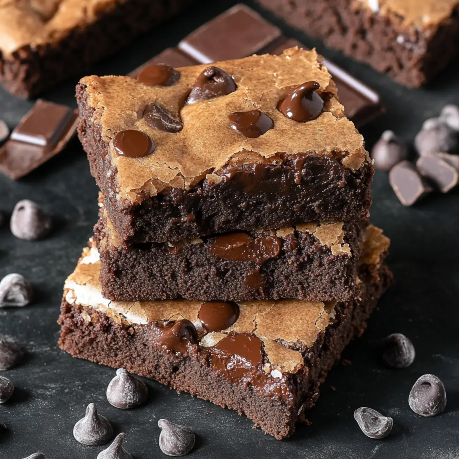 A stack of chewy, chocolate brownie bars covered in chocolate chips and scattered chocolate pieces.