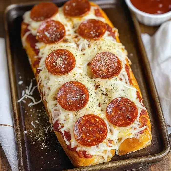 Baked bread topped with bubbling cheese, crispy pepperoni, and marinara, set on a dark baking sheet.