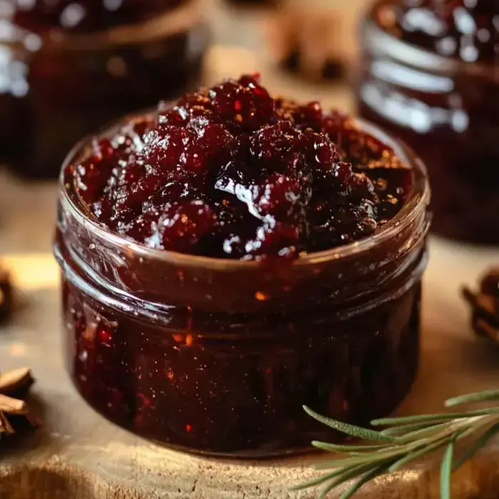 A jar of rich cranberry jam surrounded by green sprigs and pinecones.