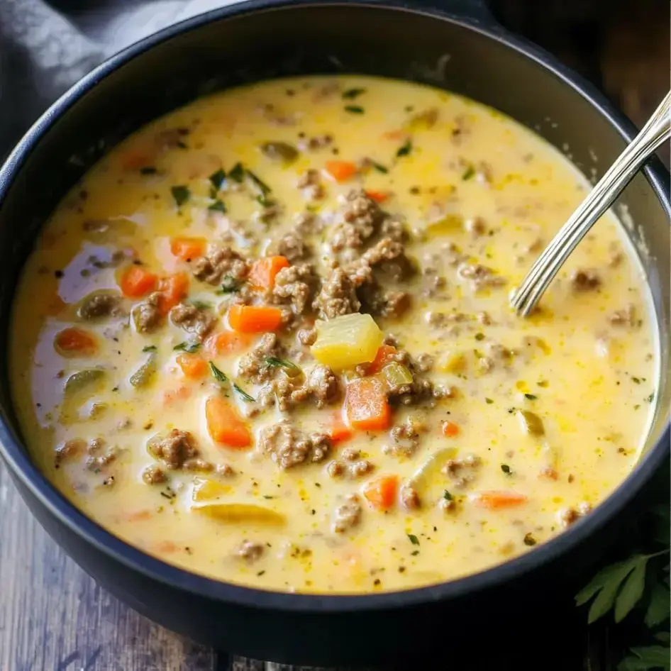 Close-up of a bowl of creamy ground beef soup with carrots and celery, topped with fresh herbs.