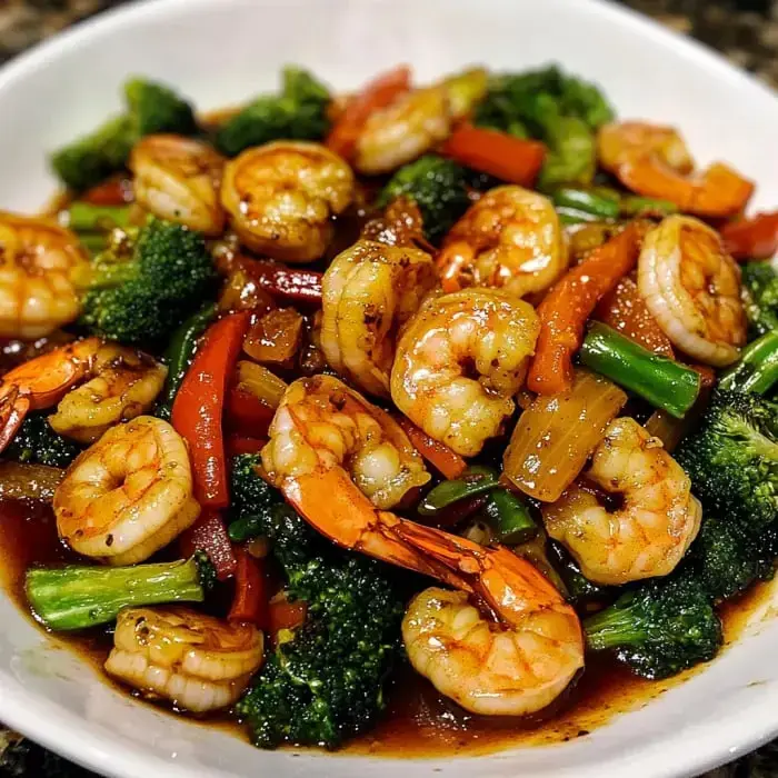 Shrimp with red peppers, broccoli, and other veggies in a flavorful sauce.