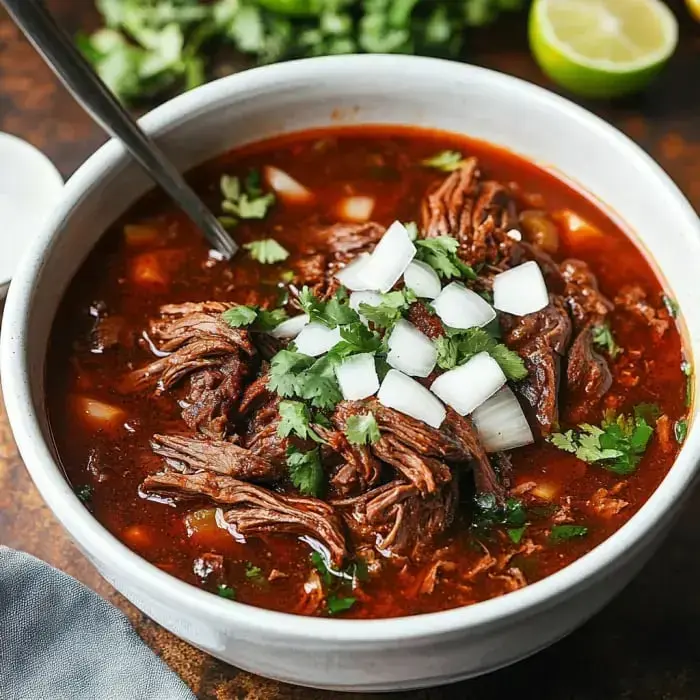 A steaming bowl of shredded beef in rich red broth, topped with cilantro and chopped onions.