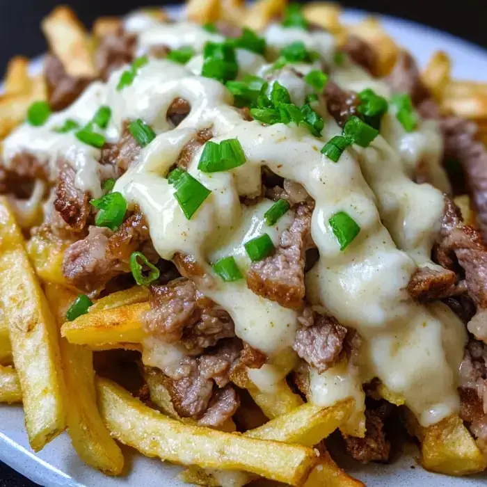 Golden fries on a plate, layered with juicy steak slices, creamy cheese drizzles, and green onion garnish.