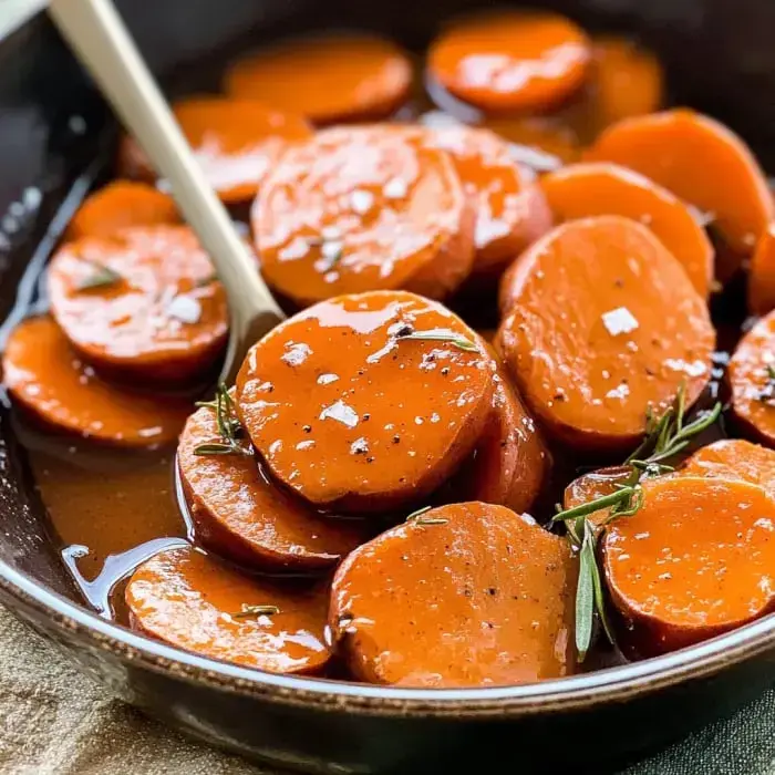 Tender slices of sweet potatoes coated in glossy glaze with herbs in a dark dish.