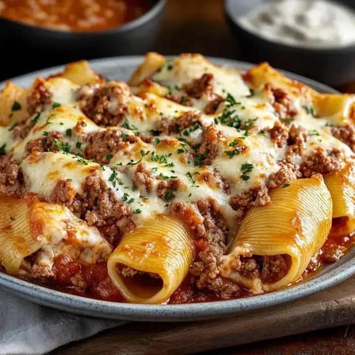 Stuffed pasta shells topped with melted cheese, garnished with parsley, served alongside bowls of sauce.