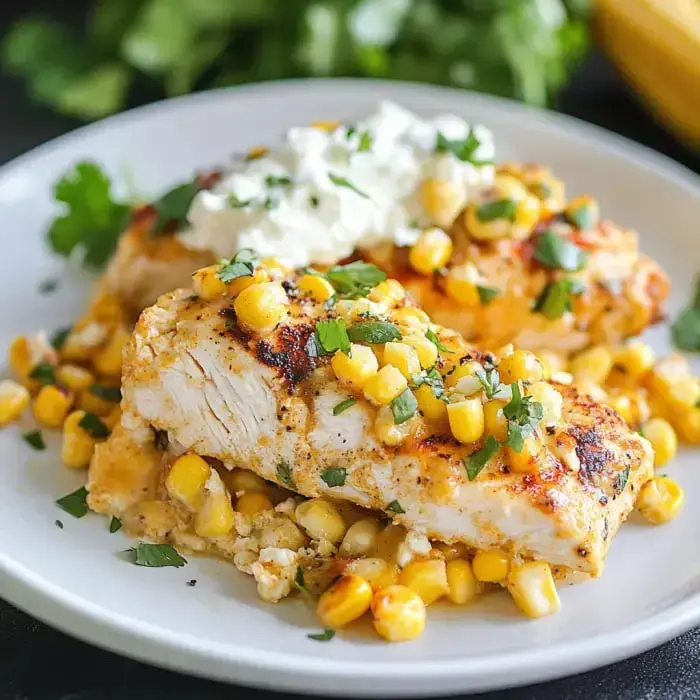 A plate of seasoned chicken with creamy corn topping, garnished with fresh cilantro and lime.