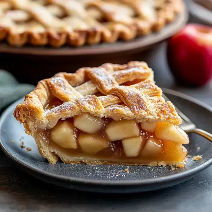 A dark plate holds a slice of pie with a golden crust, exposing soft apples and caramel inside. An apple sits in the background.
