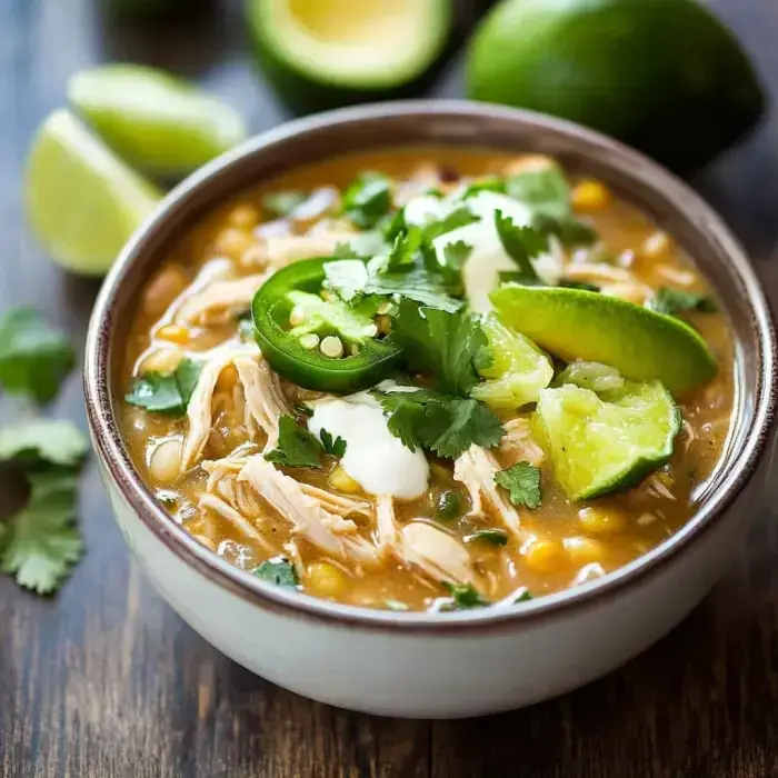 A bowl of chicken chili topped with jalapeños, cilantro, lime wedges, and sour cream.