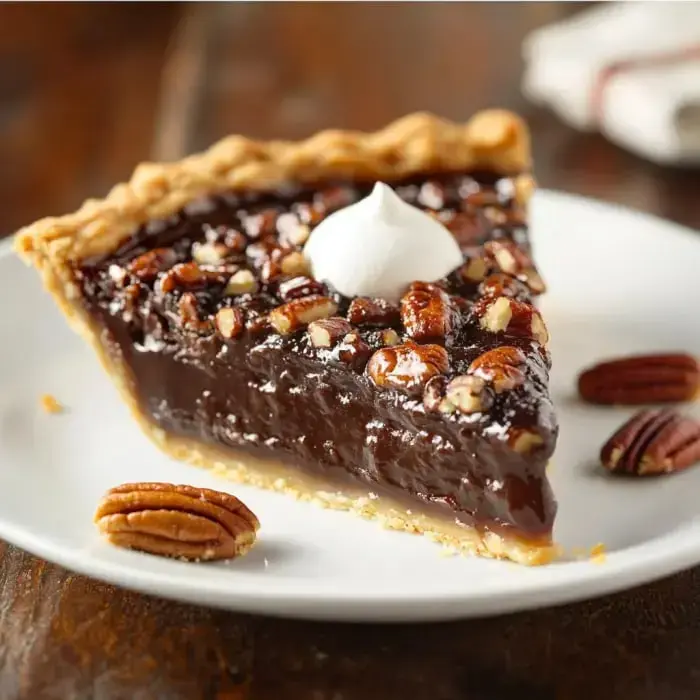 A creamy slice of pecan pie with chocolate and whipped topping, placed on a plate with scattered pecans.