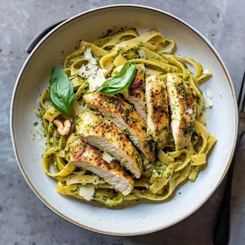 Fettuccine pasta with grilled chicken slices, pesto, basil, and cheese in a bowl.