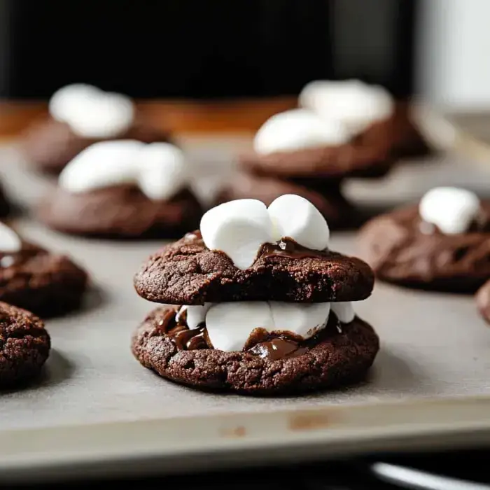 Close-up shot of gooey chocolate cookies with melty marshmallow centers on a baking tray.