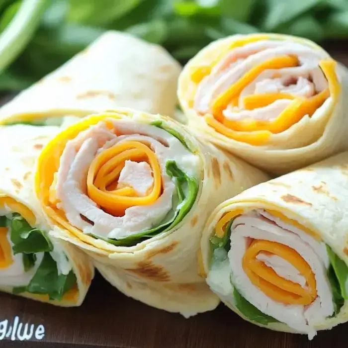 Three tortilla wraps rolled with turkey, cheese, and greens lying on a wooden table.