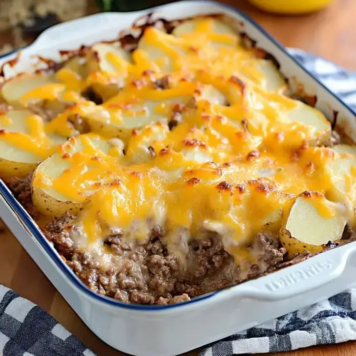 A cheesy baked dish with layers of ground beef and potatoes topped with golden melted cheese.
