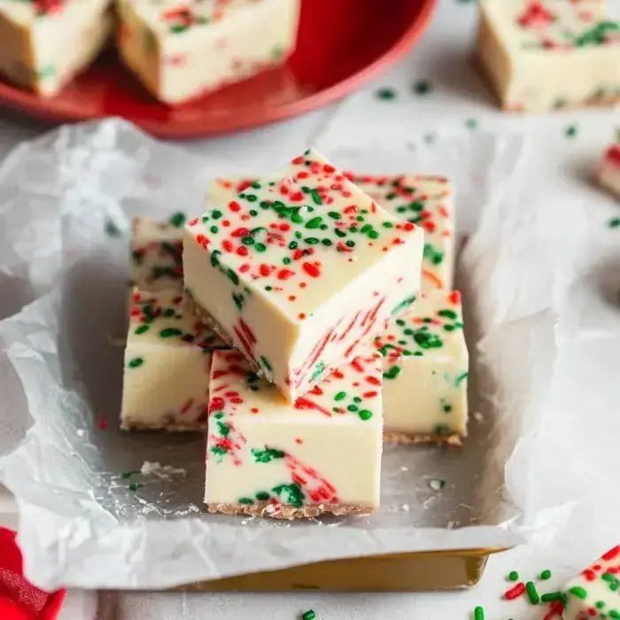 Cheerful white fudge squares topped with festive sprinkles, sitting on a golden tray.