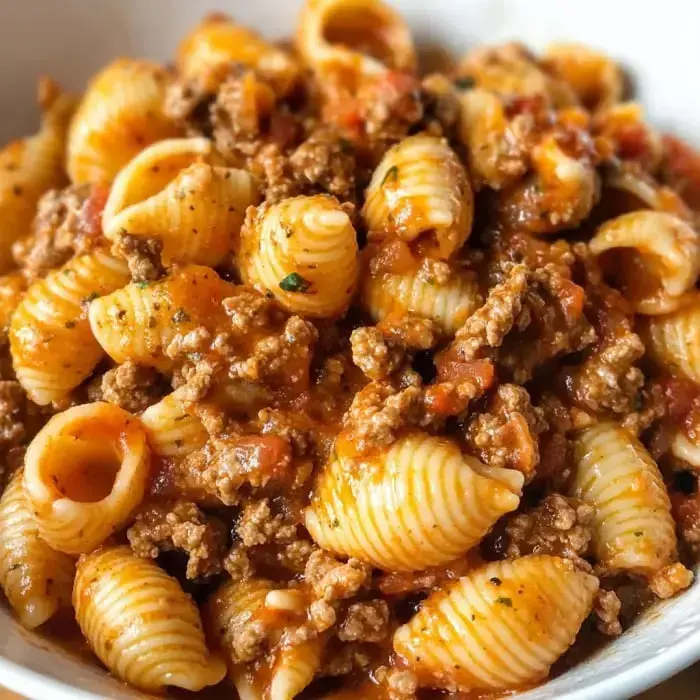 Close-up of pasta shells with seasoned beef in a creamy sauce.