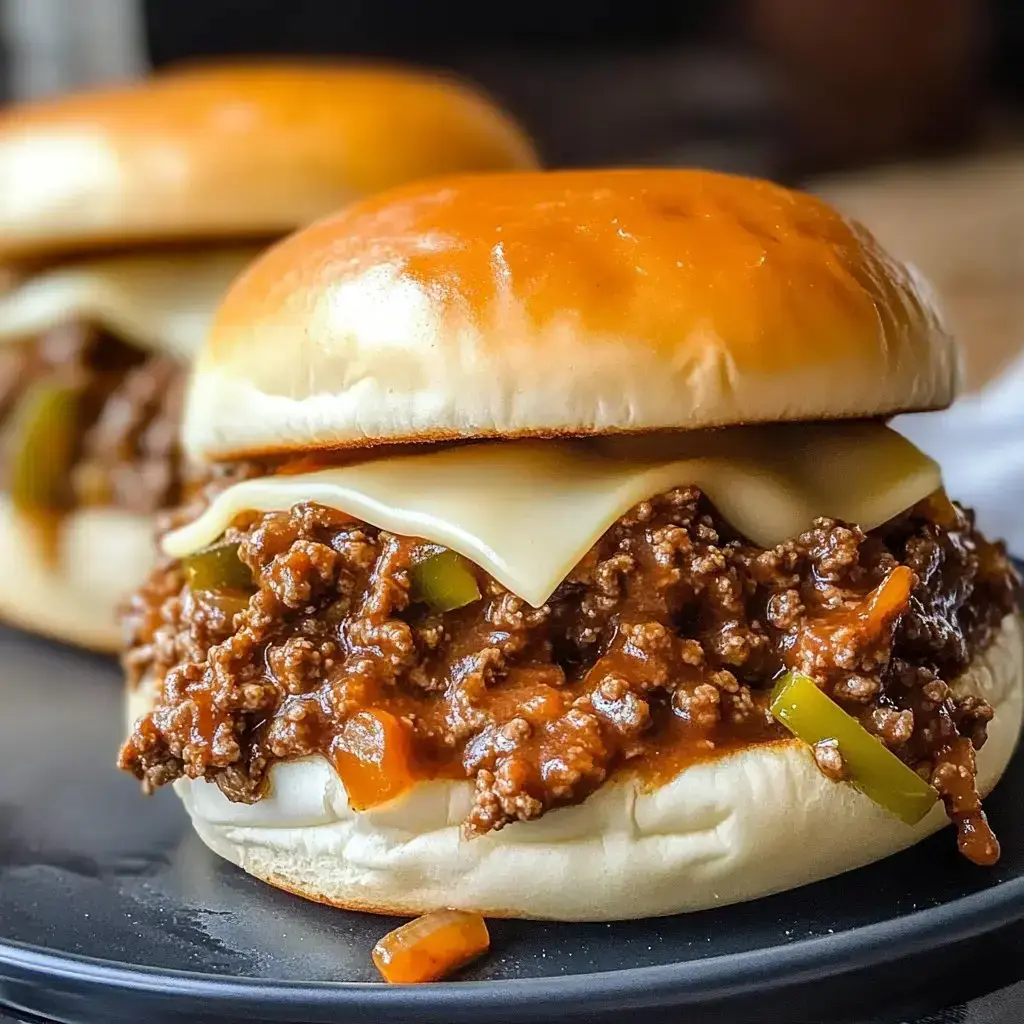 Two gooey sloppy joe sandwiches topped with cheese and diced green peppers on soft buns.