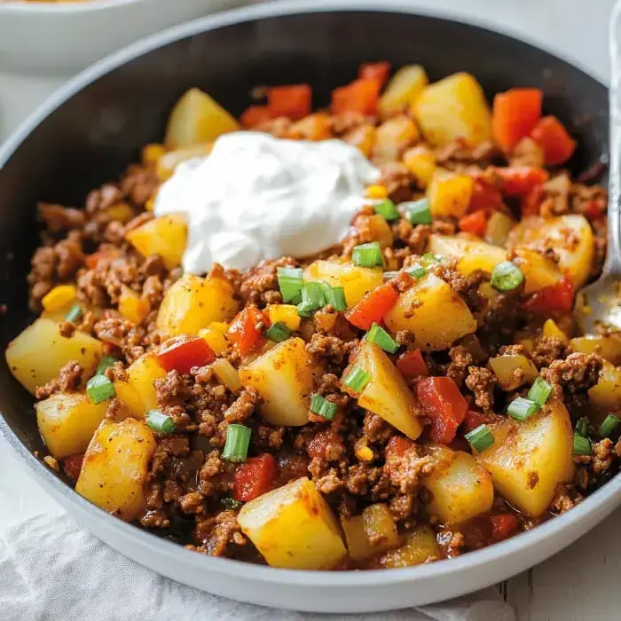 A pan with cooked ground beef, golden potatoes, and mixed veggies, topped with sour cream and green onions.