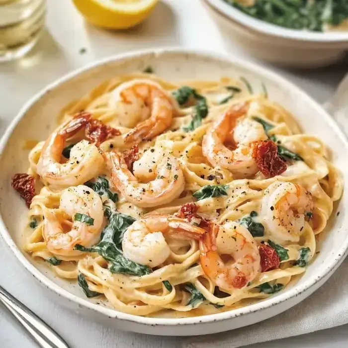 A hearty plate of pasta with creamy shrimp, spinach, and sun-dried tomatoes, topped with black pepper.