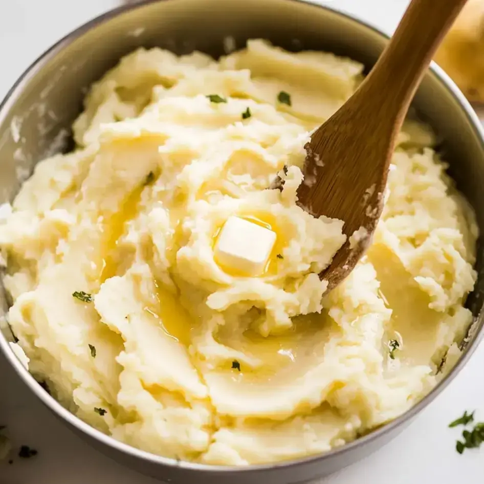 A buttery bowl of mashed potatoes being mixed and sprinkled with herbs on top.