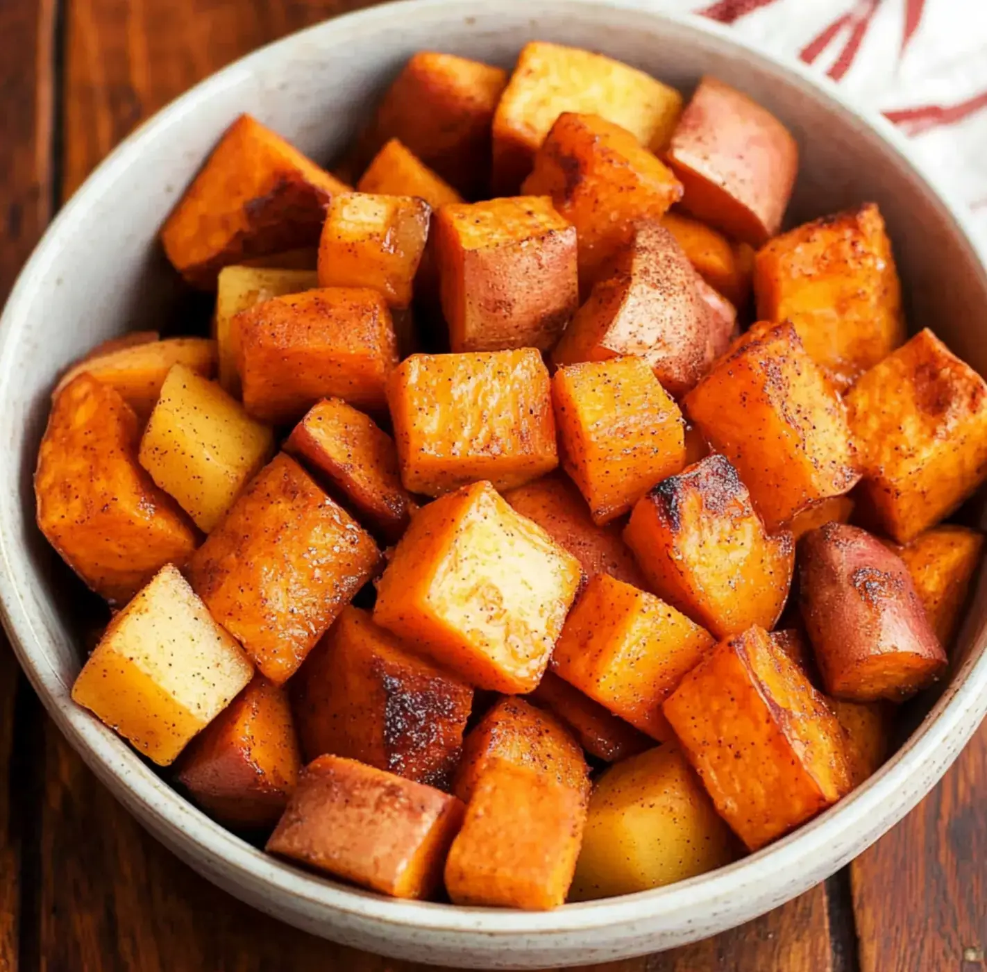 A bowl of delicious golden roasted sweet potatoes and apples.