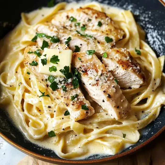 Grilled chicken slices on fettuccine Alfredo with parsley, butter, and cheese.