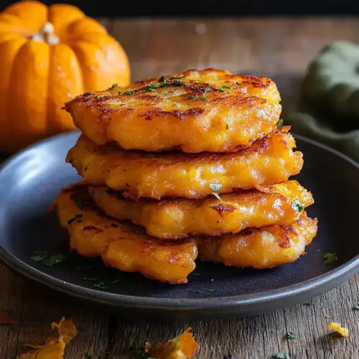A dark plate holding crispy golden pumpkin fritters topped with herbs, next to a small-sized pumpkin.