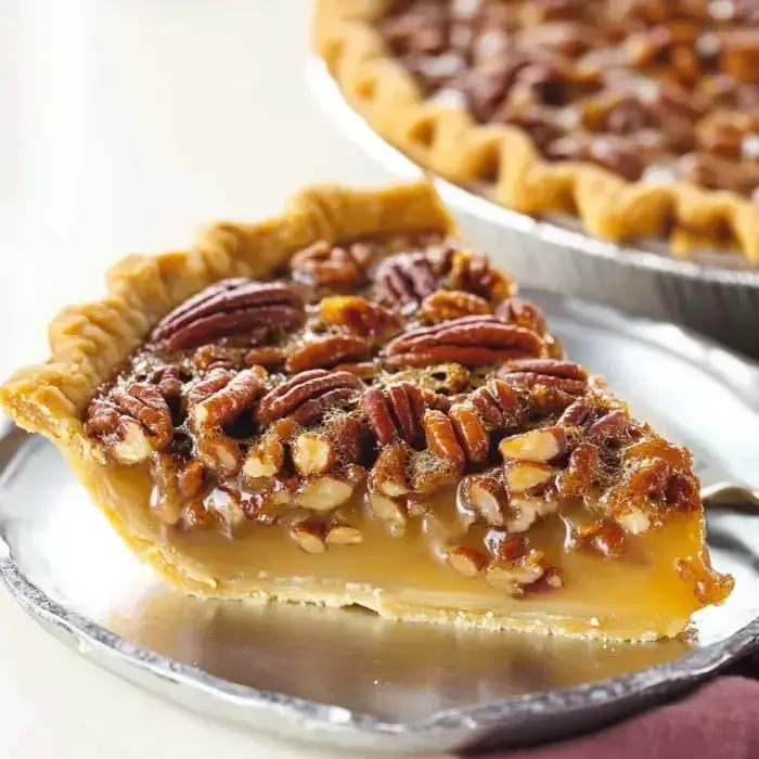 A golden slice of pecan pie topped with whole pecans on a silver plate, with the full pie on display behind it.