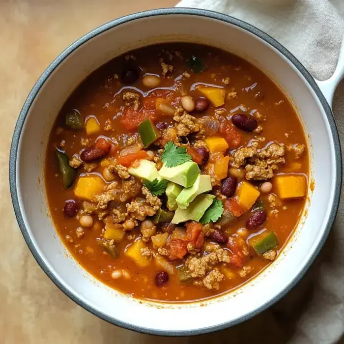 A bowl of warm, hearty chili featuring beans, ground beef, tomatoes, and pumpkin, topped with cilantro and avocado slices.
