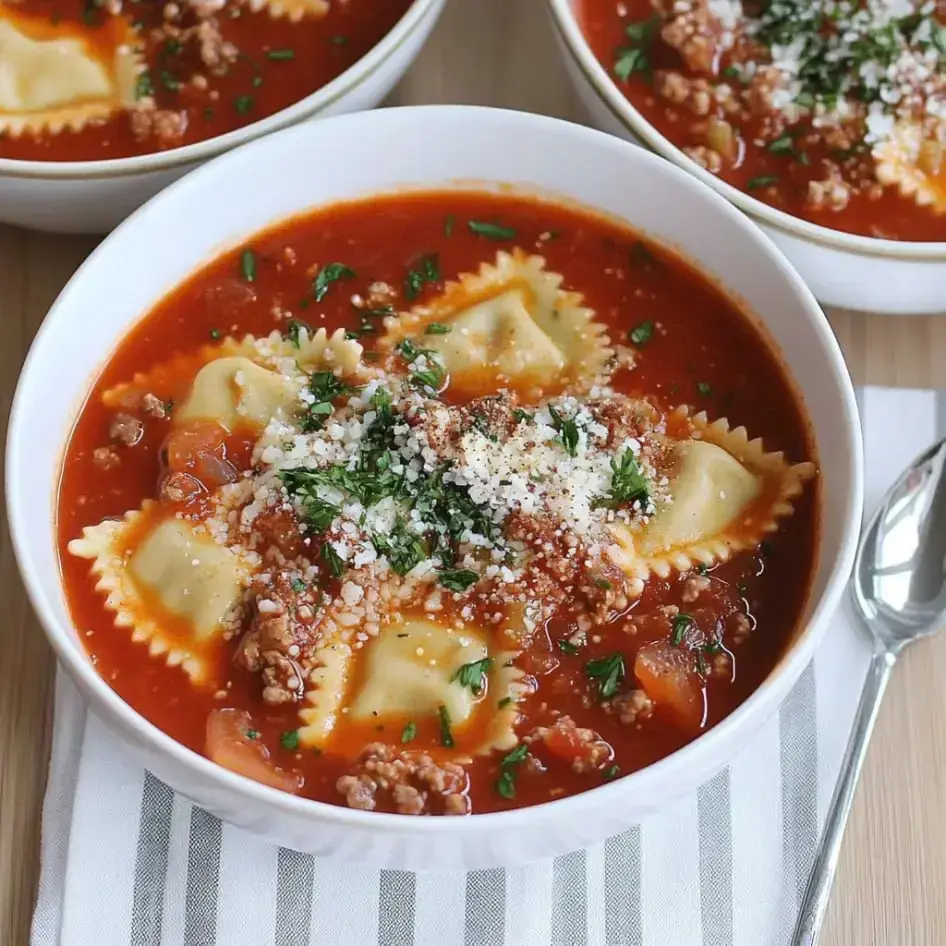 A hearty bowl of soup with ravioli, savory tomato broth, and a sprinkle of parsley and cheese on top.