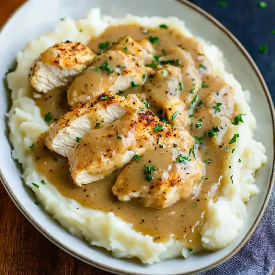 Juicy sliced chicken breast topped with creamy gravy, served with fluffy mashed potatoes and parsley garnish.