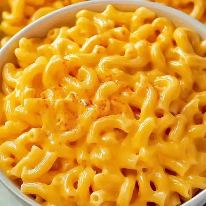 Close-up of creamy macaroni and cheese sprinkled with paprika in a bowl.