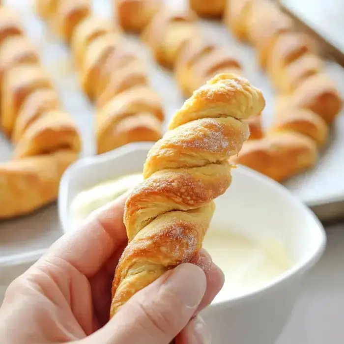 Twisted pastry with a creamy dip, more pastries in the background.