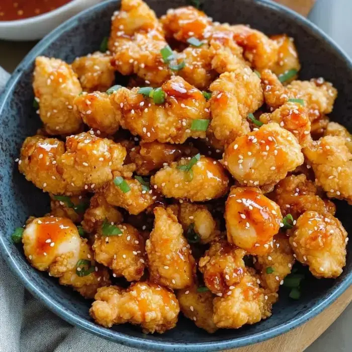 Golden fried chicken chunks glazed in creamy sauce topped with sesame and scallions.