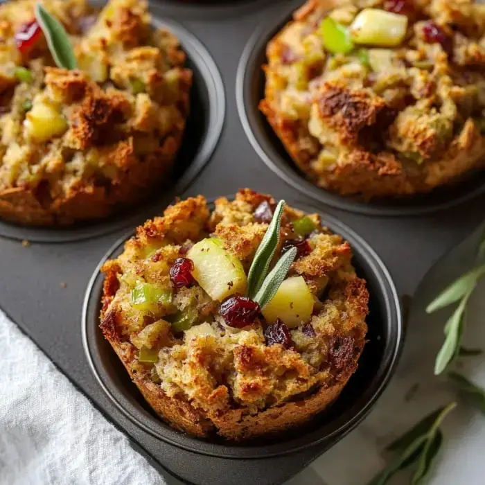 Stuffing muffins baked in a muffin tin, filled with herbs, cranberries, apples, and vegetables.