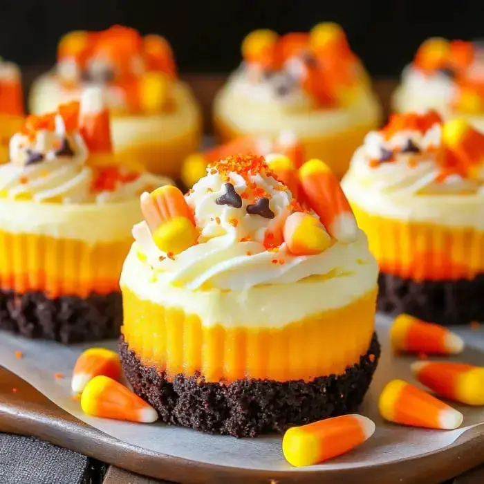 Close-up of colorful cheesecakes with orange and yellow layers, candy corn toppings, and sprinkles.