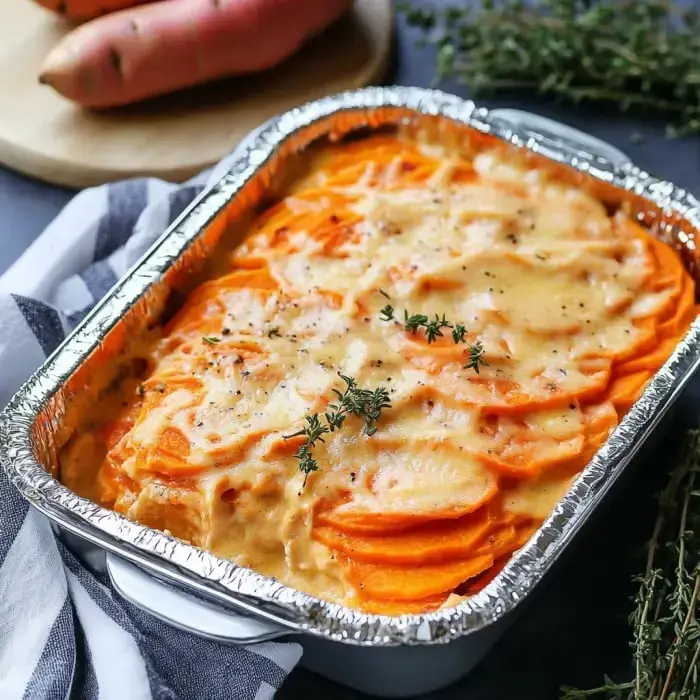 A creamy baked dish of sweet potato layers garnished with fresh thyme.