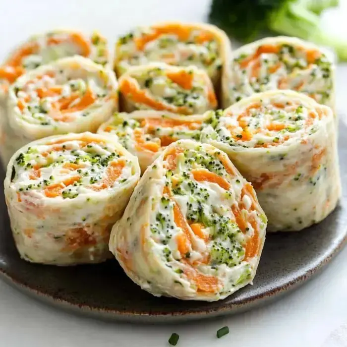 A platter showing sliced wraps stuffed with cheddar, cream cheese, and colorful veggies.