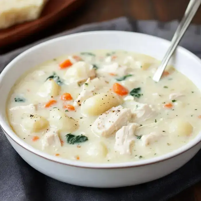 A creamy chicken soup with potato gnocchi, veggies, and herbs, topped with pepper.