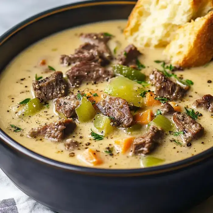 A hearty bowl of creamy soup with tender beef bites, colorful veggies, and a crisp bread topping.