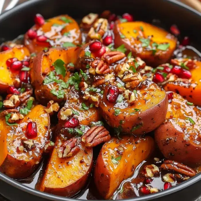 Golden sweet potatoes with a shiny glaze, topped with crunchy pecans, fresh pomegranate seeds, and chopped herbs.