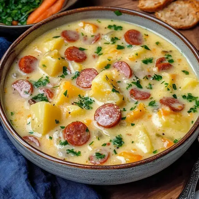 A comforting bowl of creamy soup loaded with sliced sausage, potatoes, and diced veggies, topped with fresh herbs like parsley.