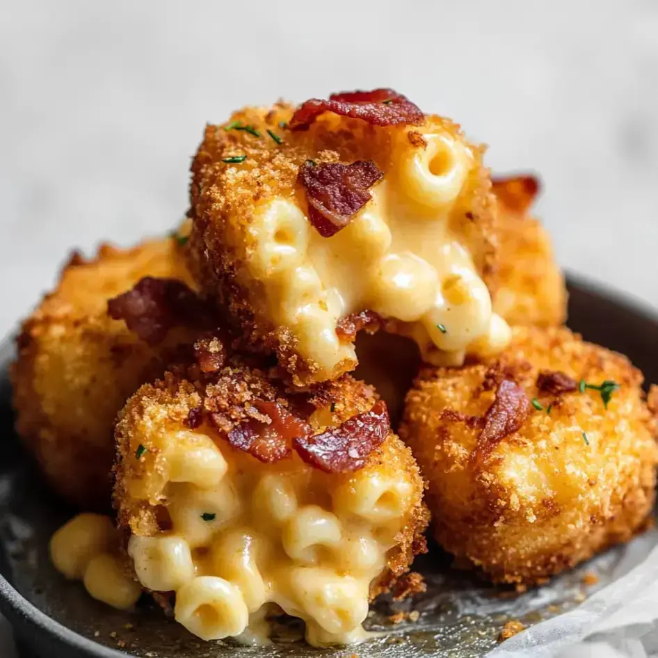 Stacked golden fried mac bites with gooey cheese and bacon pieces, sitting on a plate.
