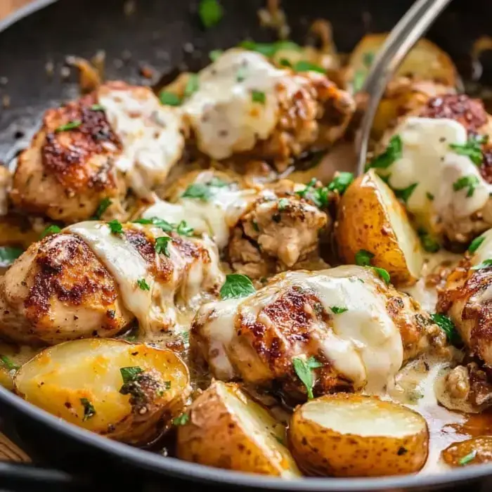 A pan filled with chicken topped with gooey cheese, surrounded by golden potatoes and garnished with fresh herbs.
