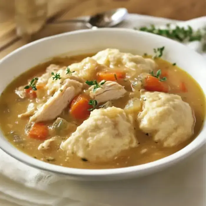A bowl of slow-cooked chicken and dumplings filled with veggies and broth.